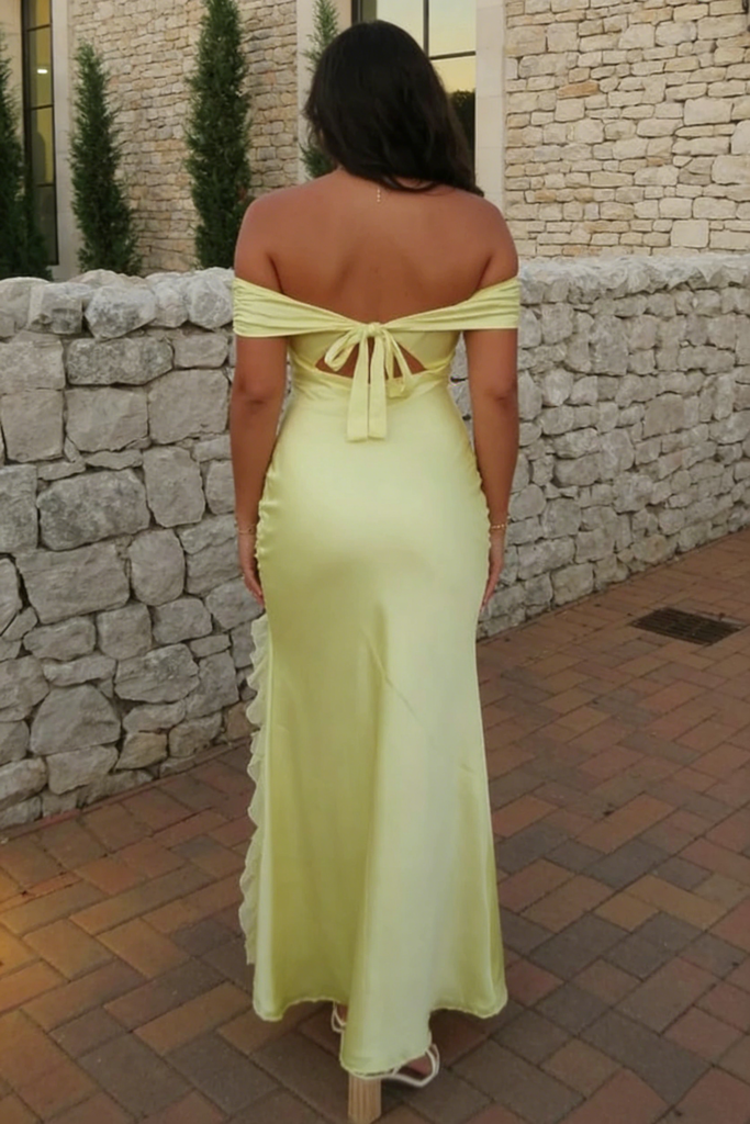 Pale Green Off-the-Shoulder Satin Slit Maxi Dress for Wedding Guest & Summer Events, PD4197