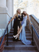 Elegant Dusty Blue Sequin Mermaid Prom Dress | V-Neck High Slit Evening Gown, PD4202