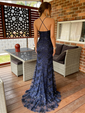 Exquisite Navy Blue Floral Sequin Criss Cross Mermaid Evening Gown | Formal Prom Dress, PD4203