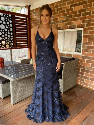 Exquisite Navy Blue Floral Sequin Criss Cross Mermaid Evening Gown | Formal Prom Dress, PD4203