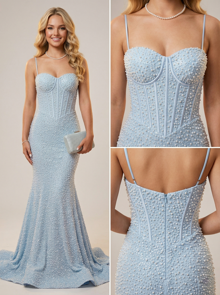 Light Blue Pearl Spaghetti Strap Corset Beaded Mermaid Prom Dress Formal Gown, PD4208