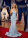 Light Blue Pearl Spaghetti Strap Corset Beaded Mermaid Prom Dress Formal Gown, PD4208