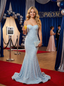 Light Blue Pearl Spaghetti Strap Corset Beaded Mermaid Prom Dress Formal Gown, PD4208