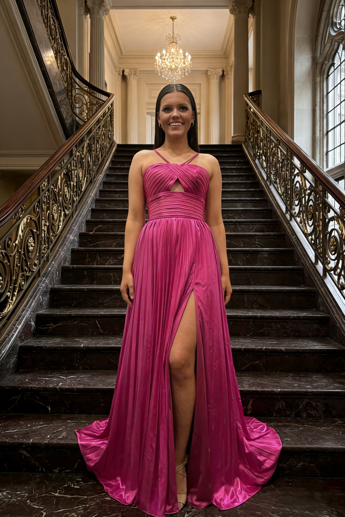 Fuchsia Spaghetti Straps Satin Prom Dress, Pleated Cutout A-Line Formal Gown for Prom, PD4209