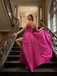 Fuchsia Spaghetti Straps Satin Prom Dress, Pleated Cutout A-Line Formal Gown for Prom, PD4209