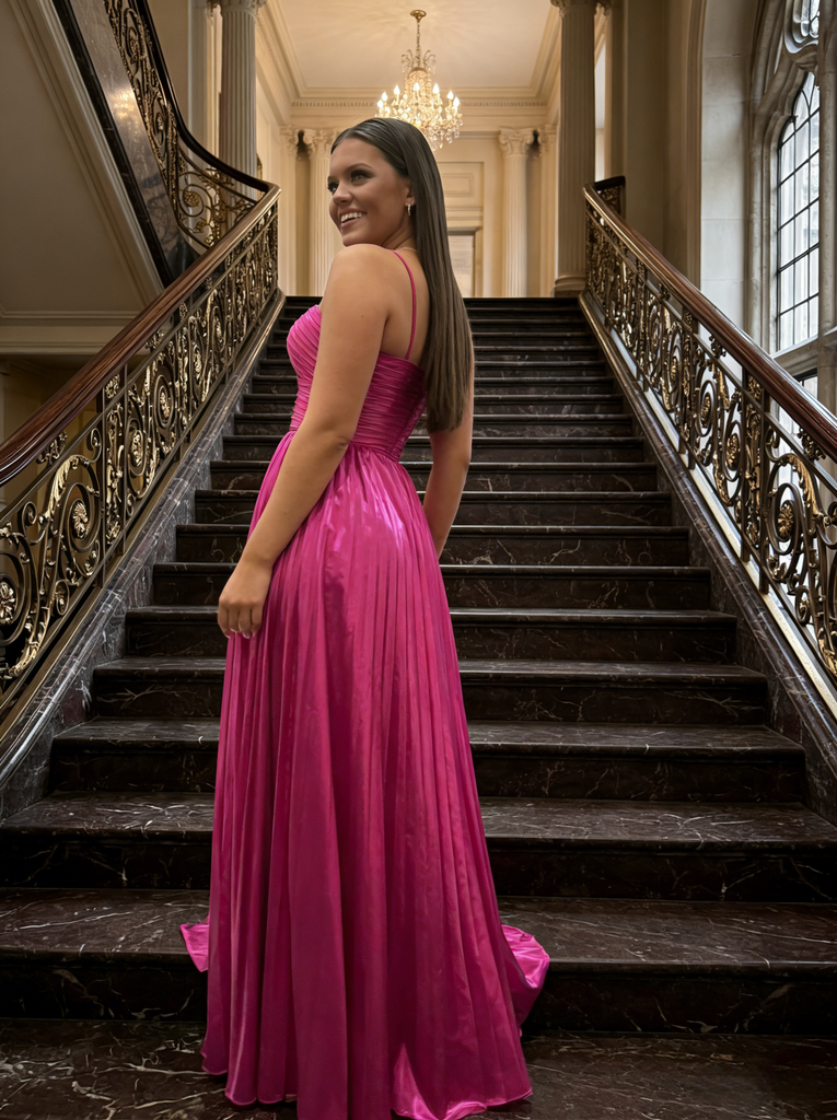 Fuchsia Spaghetti Straps Satin Prom Dress, Pleated Cutout A-Line Formal Gown for Prom, PD4209