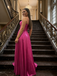 Fuchsia Spaghetti Straps Satin Prom Dress, Pleated Cutout A-Line Formal Gown for Prom, PD4209