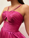 Fuchsia Spaghetti Straps Satin Prom Dress, Pleated Cutout A-Line Formal Gown for Prom, PD4209