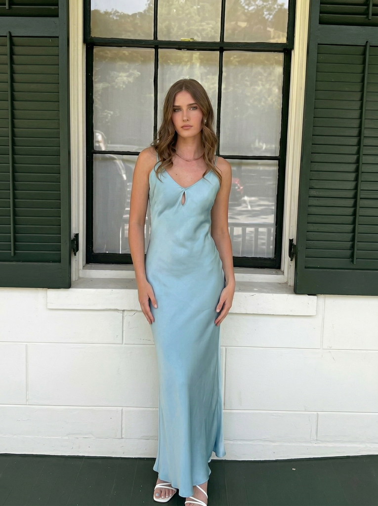 Simple Ice Blue Satin Spaghetti Strap V-Neck Mermaid Prom Dress & Formal Gown, PD4210