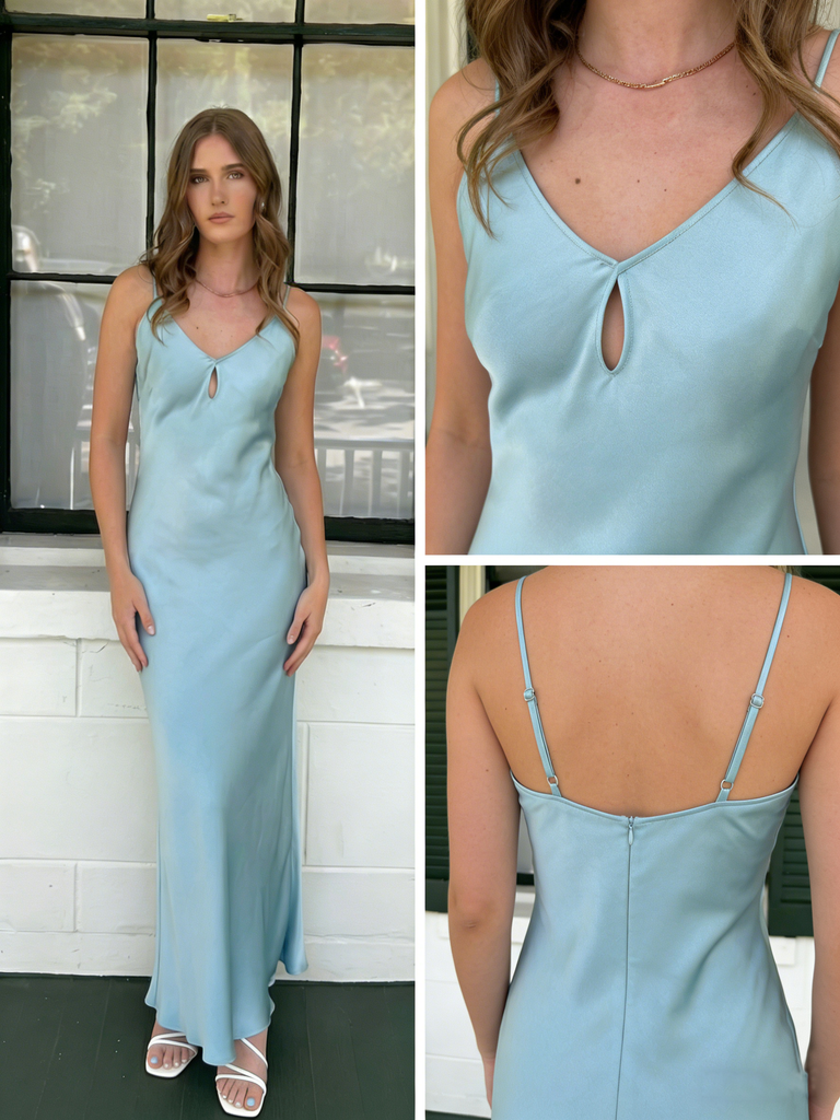 Simple Ice Blue Satin Spaghetti Strap V-Neck Mermaid Prom Dress & Formal Gown, PD4210