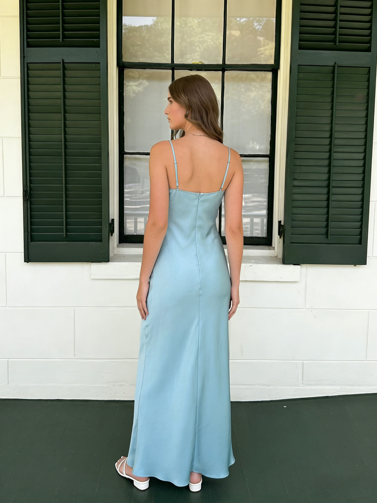 Simple Ice Blue Satin Spaghetti Strap V-Neck Mermaid Prom Dress & Formal Gown, PD4210