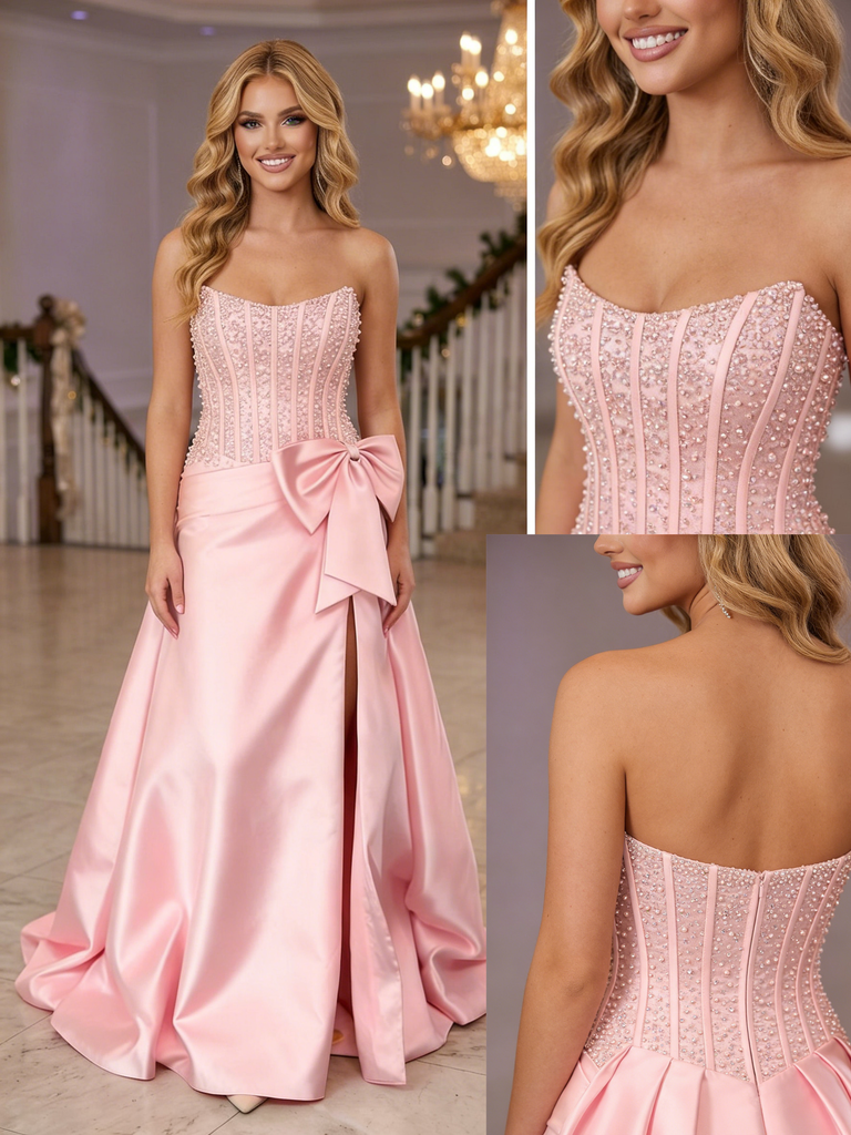 Pink Beaded Corset Prom Dress Satin Slit Formal Evening Gown Big Bow Strapless Party Dress, PD4213