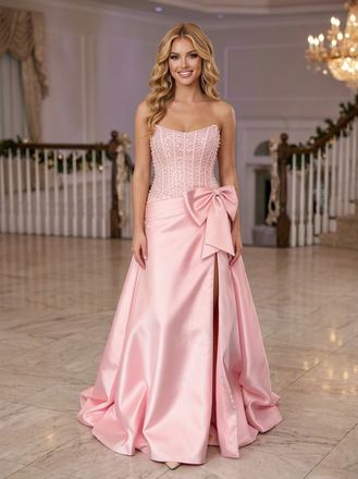 Pink Beaded Corset Prom Dress Satin Slit Formal Evening Gown Big Bow Strapless Party Dress, PD4213