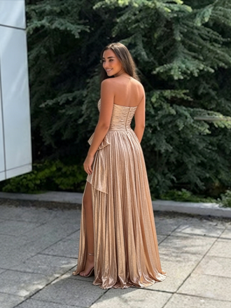Sparkly Gold Pleated Ruched V-Neck Formal Evening Gown Bow Slit Backless Party Dress, PD4214
