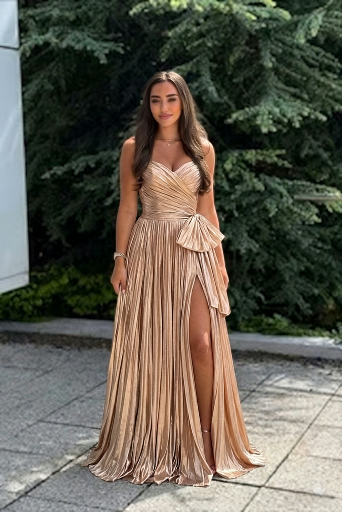 Sparkly Gold Pleated Ruched V-Neck Formal Evening Gown Bow Slit Backless Party Dress, PD4214