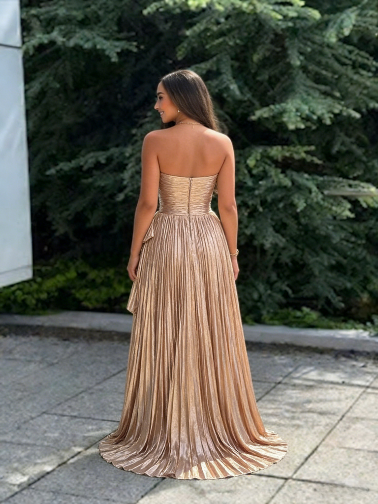 Sparkly Gold Pleated Ruched V-Neck Formal Evening Gown Bow Slit Backless Party Dress, PD4214