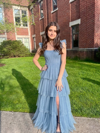 Dusty Blue Tulle Tiered Corset Formal Gown Square Neck Slit Party Dress for Prom, PD4215