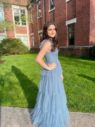 Dusty Blue Tulle Tiered Corset Formal Gown Square Neck Slit Party Dress for Prom, PD4215