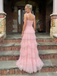 Romantic Pink Tiered Tulle Ruffle V-Neck Spaghetti Strap Long Formal Gown for Graduation, PD4217