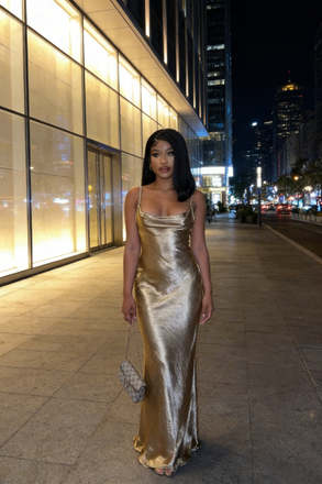 Shiny Champagne Gold Satin Cowl Slip Maxi Dress Bodycon Formal Evening Gown for Party, PD4219