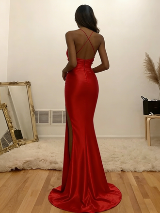 Sexy Red Soft Satin V-Neck High Slit Mermaid Maxi Formal Evening Gown for Party, PD4220