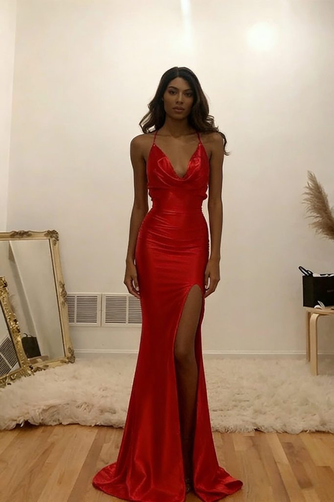 Sexy Red Soft Satin V-Neck High Slit Mermaid Maxi Formal Evening Gown for Party, PD4220