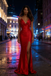 Sexy Red Soft Satin V-Neck High Slit Mermaid Maxi Formal Evening Gown for Party, PD4220