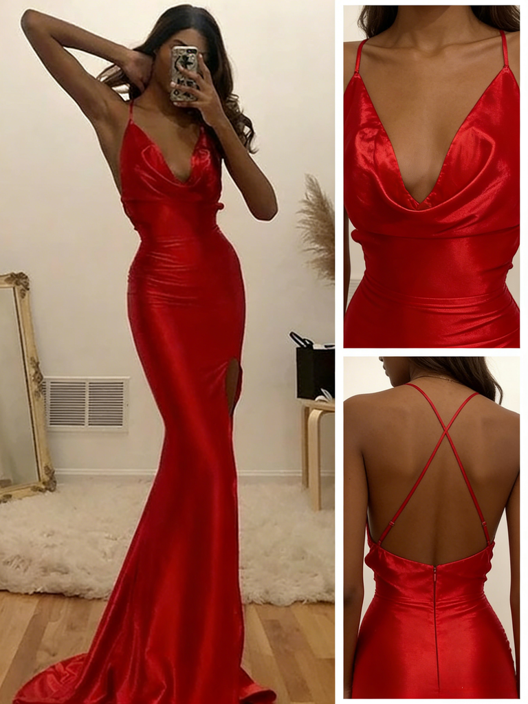 Sexy Red Soft Satin V-Neck High Slit Mermaid Maxi Formal Evening Gown for Party, PD4220