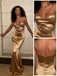 Elegant Bronze Gold Satin Spaghetti Straps Cowl Mermaid Long Evening Gown for Prom Wedding, PD4221