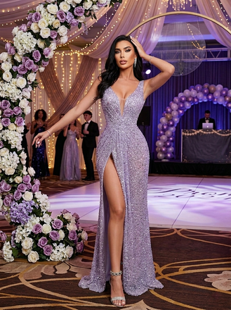 Sparkly Lavender Sequin V-Neck High Slit Mermaid Formal Evening Gown for Party, PD4223