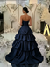 Navy Blue Strapless Satin Ball Gown, Luxury Tiered Ruffled Prom Dress for Formal Events, PD4227