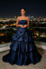 Navy Blue Strapless Satin Ball Gown, Luxury Tiered Ruffled Prom Dress for Formal Events, PD4227