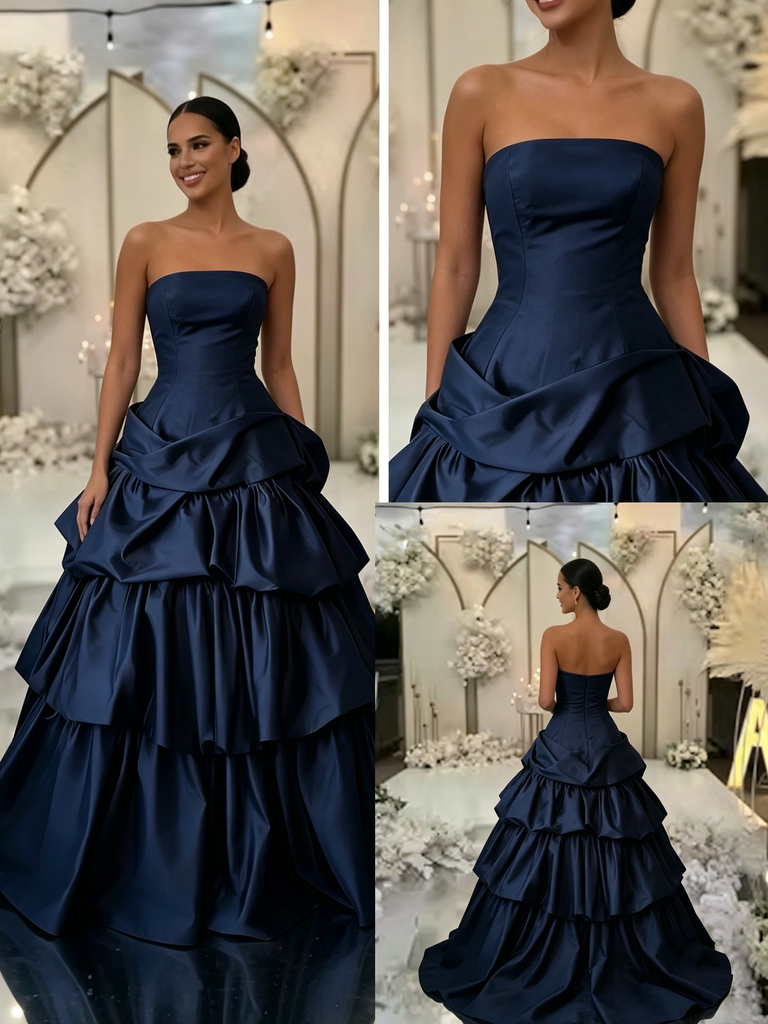 Navy Blue Strapless Satin Ball Gown, Luxury Tiered Ruffled Prom Dress for Formal Events, PD4227