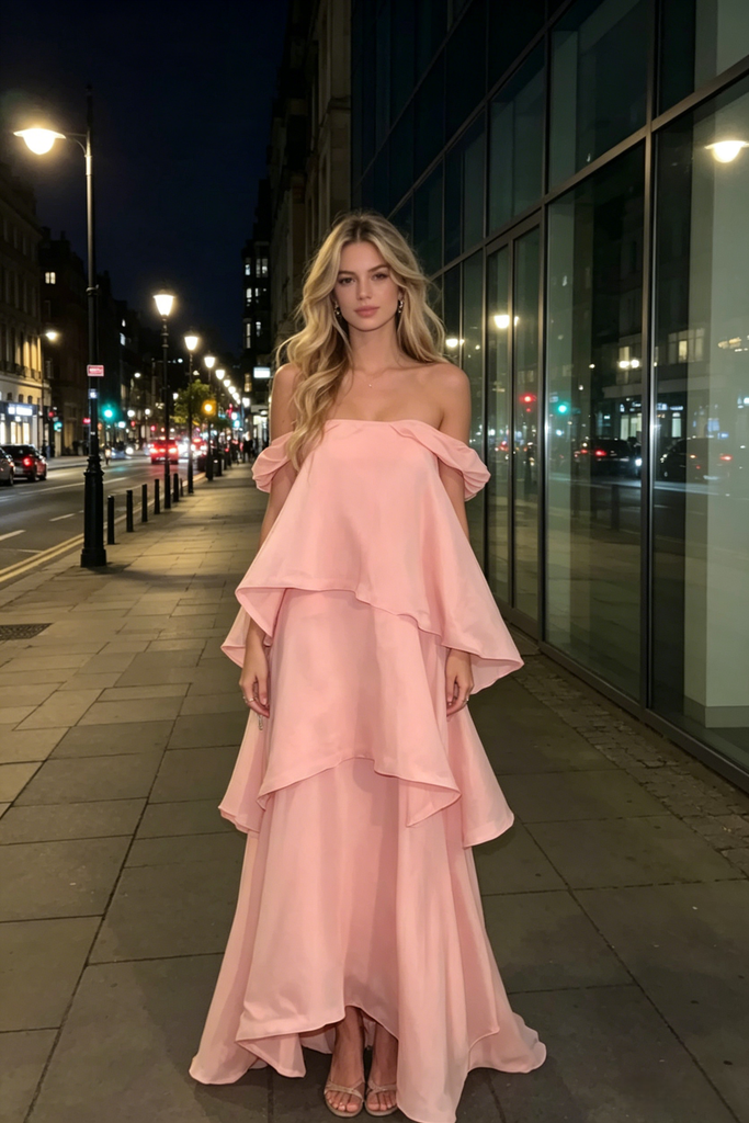 Dreamy Pink Off Shoulder Tiered Maxi Dress, Elegant Formal Evening Gown for Prom & Wedding Guest, PD4233