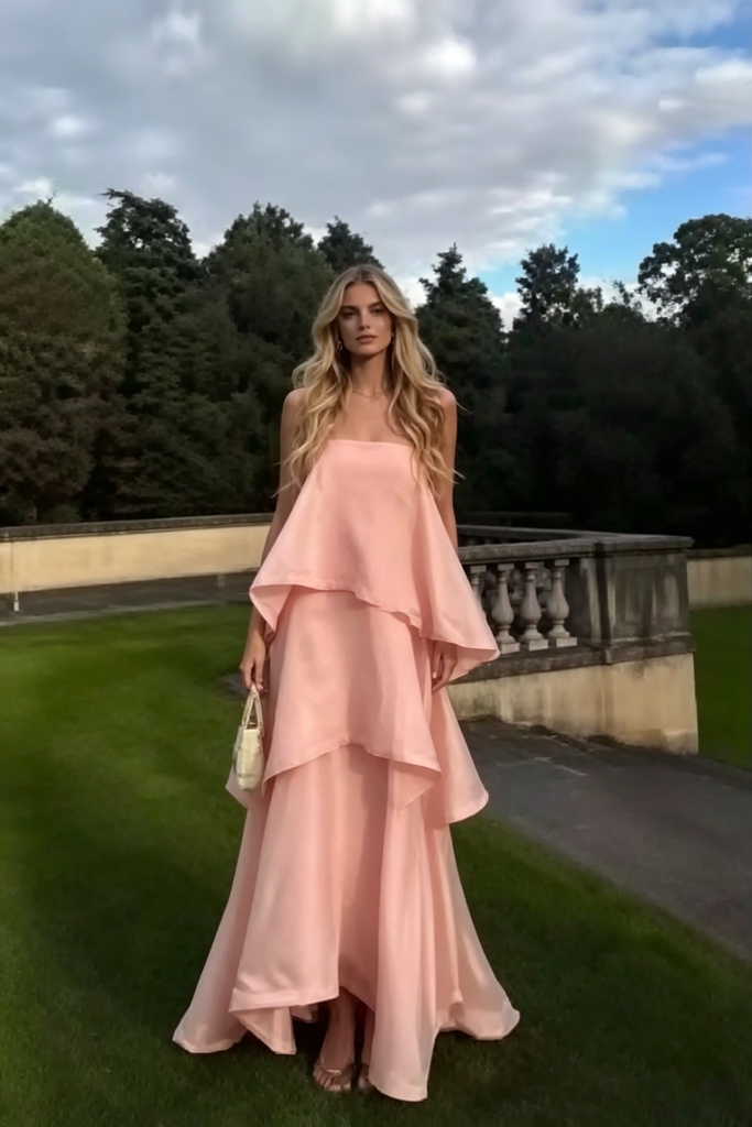 Romantic Pink Strapless Tiered Maxi Dress, Flowy Formal Gown Perfect for Wedding & Prom, PD4234