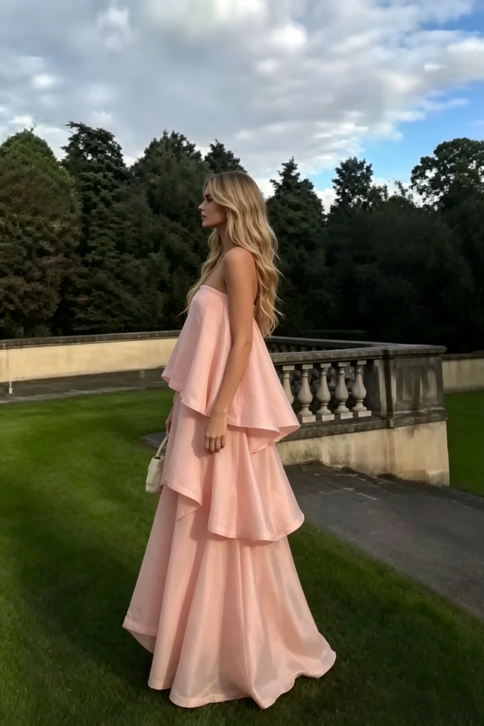 Romantic Pink Strapless Tiered Maxi Dress, Flowy Formal Gown Perfect for Wedding & Prom, PD4234