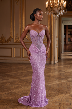 Lavender Sequin Strapless Mermaid Gown With Sheer Corset Bodice, PD4240