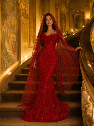Luxury Red Crystal Embellished Mermaid Evening Gown With Hooded Veil, PD4241