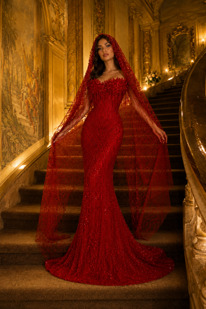 Luxury Red Crystal Embellished Mermaid Evening Gown With Hooded Veil, PD4241