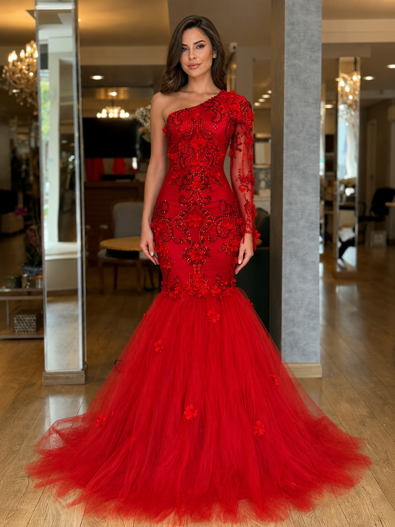 Luxury Red Lace Mermaid Prom Dress with Sheer Long Sleeve and Tulle Hem, PD4243
