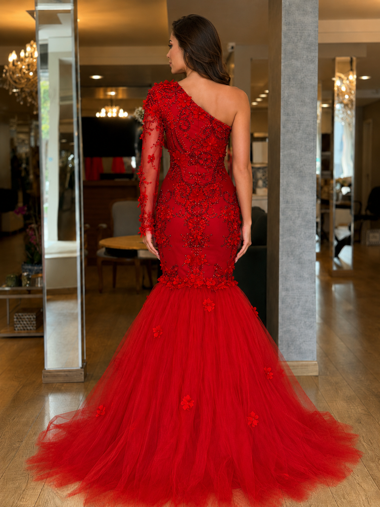 Luxury Red Lace Mermaid Prom Dress with Sheer Long Sleeve and Tulle Hem, PD4243