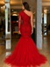 Luxury Red Lace Mermaid Prom Dress with Sheer Long Sleeve and Tulle Hem, PD4243