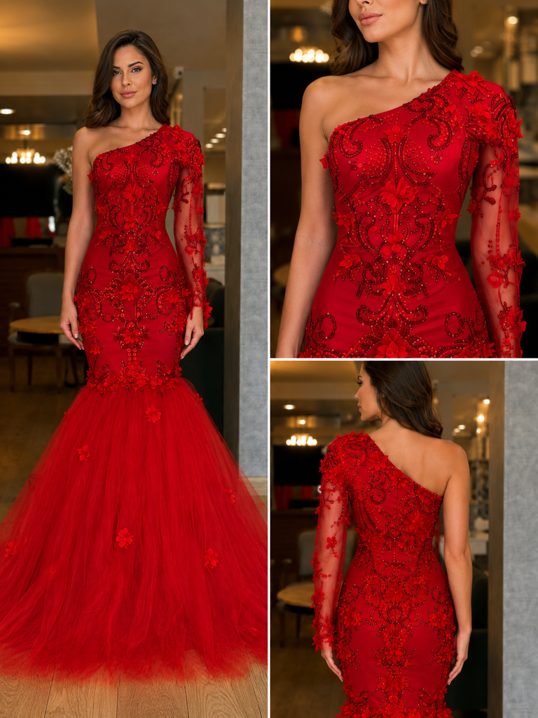 Luxury Red Lace Mermaid Prom Dress with Sheer Long Sleeve and Tulle Hem, PD4243