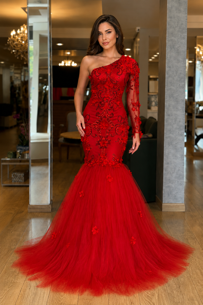Luxury Red Lace Mermaid Prom Dress with Sheer Long Sleeve and Tulle Hem, PD4243