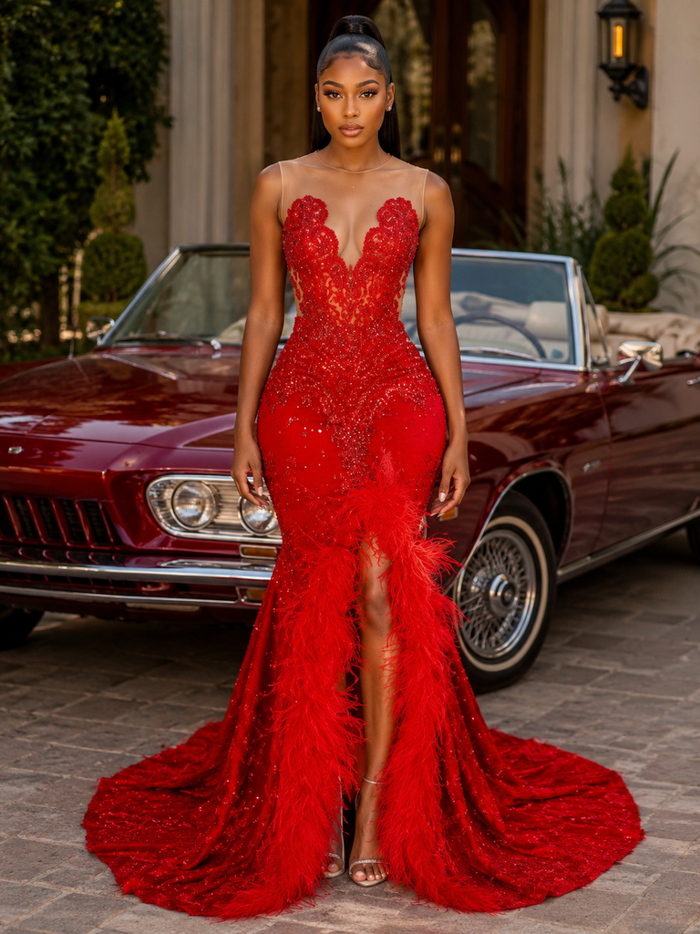 Red Lace Feather Trim Mermaid Prom Dress With Illusion Neckline And High Slit, PD4244