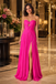 Hot Pink Pleated Satin Strapless A Line Evening Gown With Front Cutout And Leg Slit, PD4245