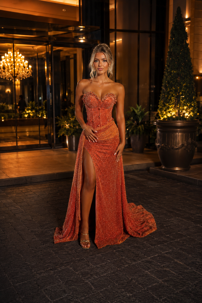 Orange Glitter Beaded Corset Mermaid Prom Gown Strapless High Slit Evening Dress, PD4247