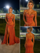 Orange Glitter Beaded Corset Mermaid Prom Gown Strapless High Slit Evening Dress, PD4247