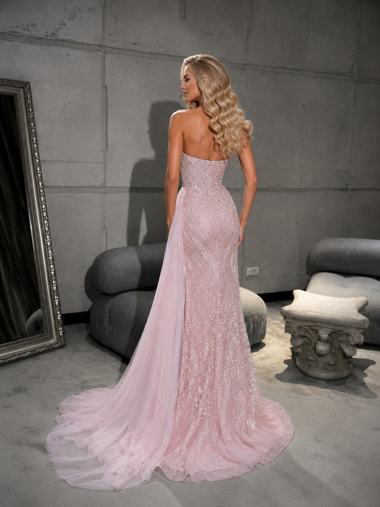 Sparkly Blush Pink Beaded Strapless Mermaid Prom Dress With Slit, PD4248