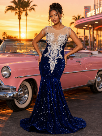 Royal Blue Sequin Velvet  Sheer Neck Mermaid Prom Dress With Rhinestone, PD4249